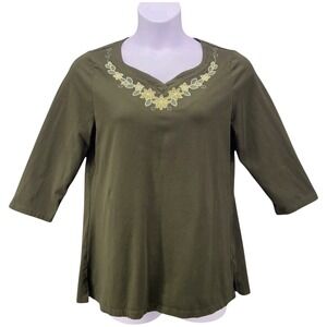 Denim & Co Embroidered Top M‎ Olive Green